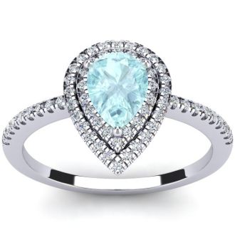 Aquamarine Ring: Aquamarine Jewelry: 1 Carat Pear Shape Aquamarine and Double Halo Diamond Ring In 14 Karat White Gold