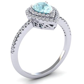 Aquamarine Ring: Aquamarine Jewelry: 1 Carat Pear Shape Aquamarine and Double Halo Diamond Ring In 14 Karat White Gold