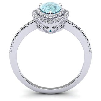 Aquamarine Ring: Aquamarine Jewelry: 1 Carat Pear Shape Aquamarine and Double Halo Diamond Ring In 14 Karat White Gold
