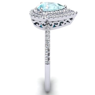 Aquamarine Ring: Aquamarine Jewelry: 1 Carat Pear Shape Aquamarine and Double Halo Diamond Ring In 14 Karat White Gold