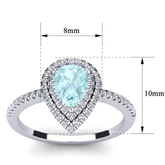 Aquamarine Ring: Aquamarine Jewelry: 1 Carat Pear Shape Aquamarine and Double Halo Diamond Ring In 14 Karat White Gold