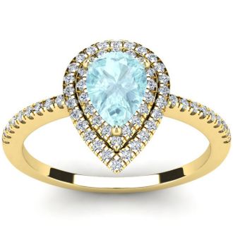 Aquamarine Ring: Aquamarine Jewelry: 1 Carat Pear Shape Aquamarine and Double Halo Diamond Ring In 14 Karat Yellow Gold