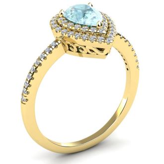 Aquamarine Ring: Aquamarine Jewelry: 1 Carat Pear Shape Aquamarine and Double Halo Diamond Ring In 14 Karat Yellow Gold