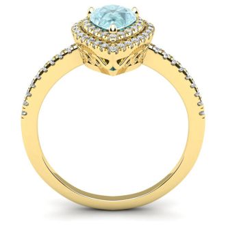Aquamarine Ring: Aquamarine Jewelry: 1 Carat Pear Shape Aquamarine and Double Halo Diamond Ring In 14 Karat Yellow Gold