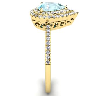 Aquamarine Ring: Aquamarine Jewelry: 1 Carat Pear Shape Aquamarine and Double Halo Diamond Ring In 14 Karat Yellow Gold