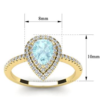Aquamarine Ring: Aquamarine Jewelry: 1 Carat Pear Shape Aquamarine and Double Halo Diamond Ring In 14 Karat Yellow Gold