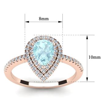 Aquamarine Ring: Aquamarine Jewelry: 1 Carat Pear Shape Aquamarine and Double Halo Diamond Ring In 14 Karat Rose Gold