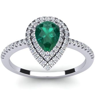 1 Carat Pear Shape Emerald and Double Halo Diamond Ring In 14 Karat White Gold
