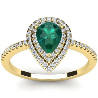 1 Carat Pear Shape Emerald and Double Halo Diamond Ring In 14 Karat Yellow Gold