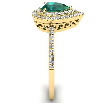 1 Carat Pear Shape Emerald and Double Halo Diamond Ring In 14 Karat Yellow Gold