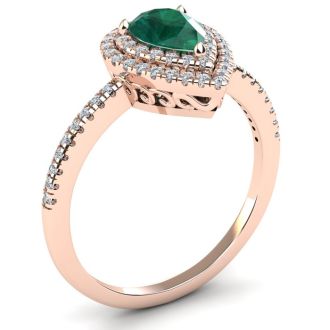 1 Carat Pear Shape Emerald and Double Halo Diamond Ring In 14 Karat Rose Gold