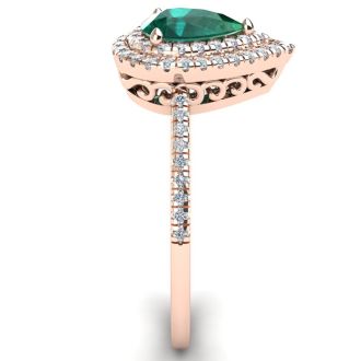 1 Carat Pear Shape Emerald and Double Halo Diamond Ring In 14 Karat Rose Gold