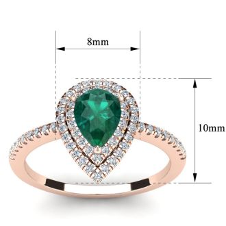 1 Carat Pear Shape Emerald and Double Halo Diamond Ring In 14 Karat Rose Gold