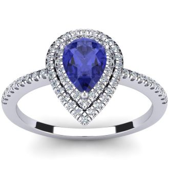 1 Carat Pear Shape Tanzanite and Double Halo Diamond Ring In 14 Karat White Gold