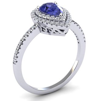 1 Carat Pear Shape Tanzanite and Double Halo Diamond Ring In 14 Karat White Gold