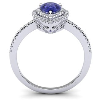 1 Carat Pear Shape Tanzanite and Double Halo Diamond Ring In 14 Karat White Gold