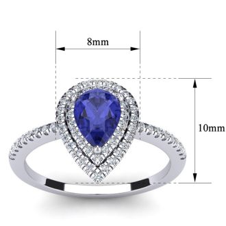 1 Carat Pear Shape Tanzanite and Double Halo Diamond Ring In 14 Karat White Gold