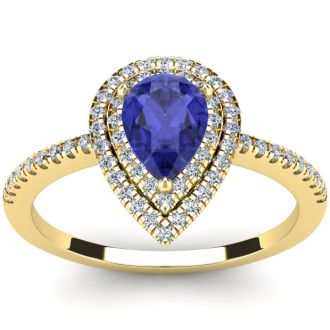 1 Carat Pear Shape Tanzanite and Double Halo Diamond Ring In 14 Karat Yellow Gold