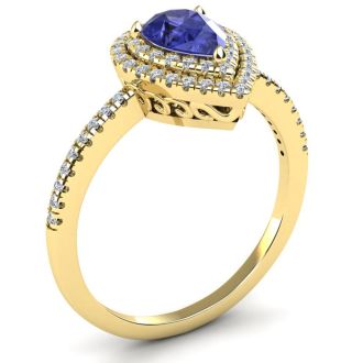1 Carat Pear Shape Tanzanite and Double Halo Diamond Ring In 14 Karat Yellow Gold