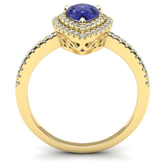 1 Carat Pear Shape Tanzanite and Double Halo Diamond Ring In 14 Karat Yellow Gold