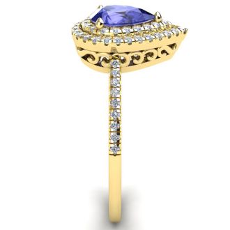 1 Carat Pear Shape Tanzanite and Double Halo Diamond Ring In 14 Karat Yellow Gold