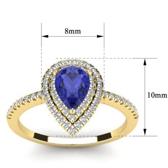 1 Carat Pear Shape Tanzanite and Double Halo Diamond Ring In 14 Karat Yellow Gold