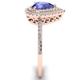 1 Carat Pear Shape Tanzanite and Double Halo Diamond Ring In 14 Karat Rose Gold