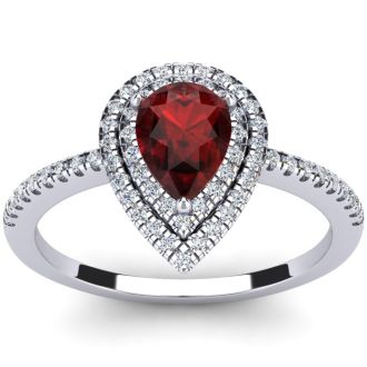 Garnet Ring: Garnet Jewelry: 1 1/5 Carat Pear Shape Garnet and Double Halo Diamond Ring In 14 Karat White Gold