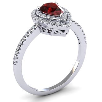 Garnet Ring: Garnet Jewelry: 1 1/5 Carat Pear Shape Garnet and Double Halo Diamond Ring In 14 Karat White Gold