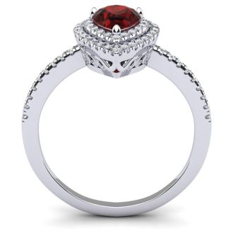 Garnet Ring: Garnet Jewelry: 1 1/5 Carat Pear Shape Garnet and Double Halo Diamond Ring In 14 Karat White Gold