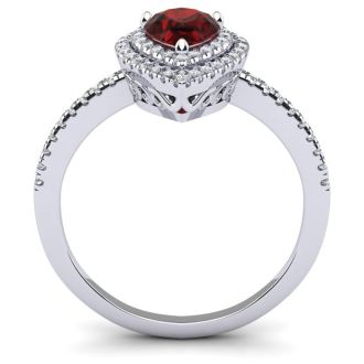 Garnet Ring: Garnet Jewelry: 1 1/5 Carat Pear Shape Garnet and Double Halo Diamond Ring In 14 Karat White Gold