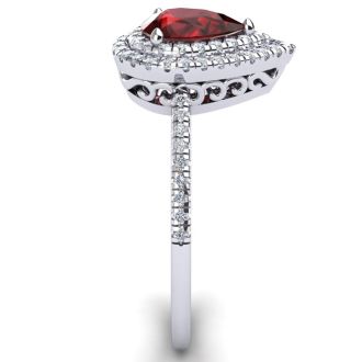 Garnet Ring: Garnet Jewelry: 1 1/5 Carat Pear Shape Garnet and Double Halo Diamond Ring In 14 Karat White Gold
