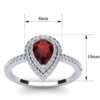 Garnet Ring: Garnet Jewelry: 1 1/5 Carat Pear Shape Garnet and Double Halo Diamond Ring In 14 Karat White Gold