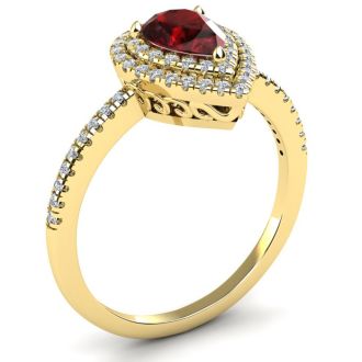 Garnet Ring: Garnet Jewelry: 1 1/5 Carat Pear Shape Garnet and Double Halo Diamond Ring In 14 Karat Yellow Gold