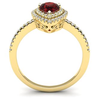 Garnet Ring: Garnet Jewelry: 1 1/5 Carat Pear Shape Garnet and Double Halo Diamond Ring In 14 Karat Yellow Gold