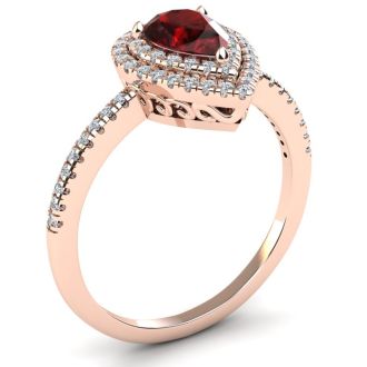Garnet Ring: Garnet Jewelry: 1 1/5 Carat Pear Shape Garnet and Double Halo Diamond Ring In 14 Karat Rose Gold