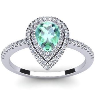1 Carat Pear Shape Green Amethyst and Double Halo Diamond Ring In 14 Karat White Gold