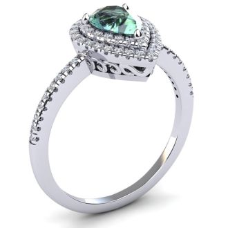1 Carat Pear Shape Green Amethyst and Double Halo Diamond Ring In 14 Karat White Gold