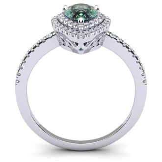 1 Carat Pear Shape Green Amethyst and Double Halo Diamond Ring In 14 Karat White Gold