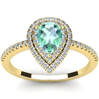 1 Carat Pear Shape Green Amethyst and Double Halo Diamond Ring In 14 Karat Yellow Gold
