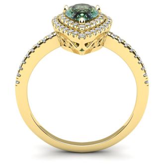 1 Carat Pear Shape Green Amethyst and Double Halo Diamond Ring In 14 Karat Yellow Gold