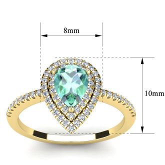 1 Carat Pear Shape Green Amethyst and Double Halo Diamond Ring In 14 Karat Yellow Gold