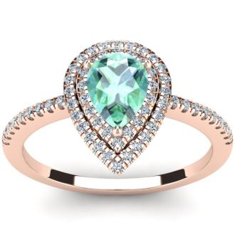 1 Carat Pear Shape Green Amethyst and Double Halo Diamond Ring In 14 Karat Rose Gold