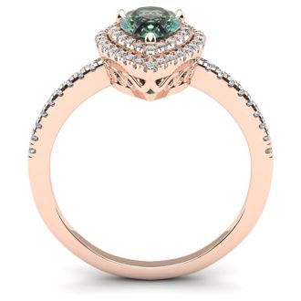 1 Carat Pear Shape Green Amethyst and Double Halo Diamond Ring In 14 Karat Rose Gold