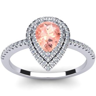 1 Carat Pear Shape Morganite and Double Halo Diamond Ring In 14 Karat White Gold