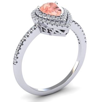 1 Carat Pear Shape Morganite and Double Halo Diamond Ring In 14 Karat White Gold