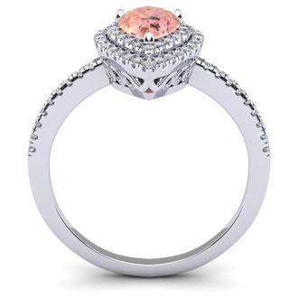 1 Carat Pear Shape Morganite and Double Halo Diamond Ring In 14 Karat White Gold