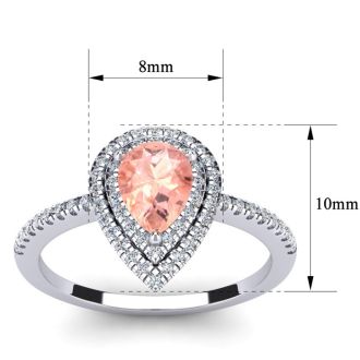 1 Carat Pear Shape Morganite and Double Halo Diamond Ring In 14 Karat White Gold