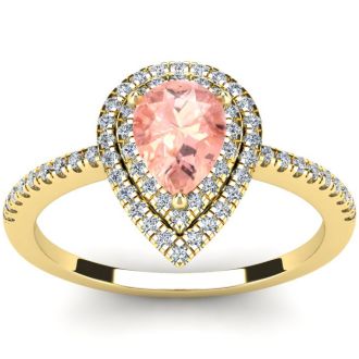 1 Carat Pear Shape Morganite and Double Halo Diamond Ring In 14 Karat Yellow Gold