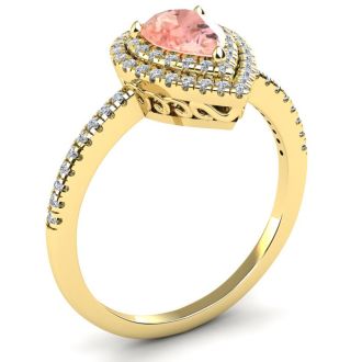 1 Carat Pear Shape Morganite and Double Halo Diamond Ring In 14 Karat Yellow Gold
